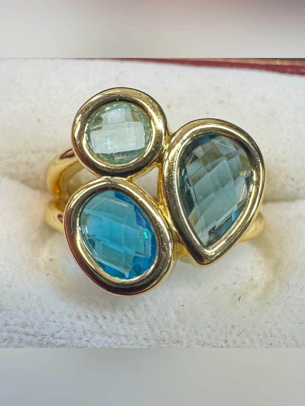 Gold Plated Ring with Aqua, Teal and Light Blue Gemstones - size 7-7.5